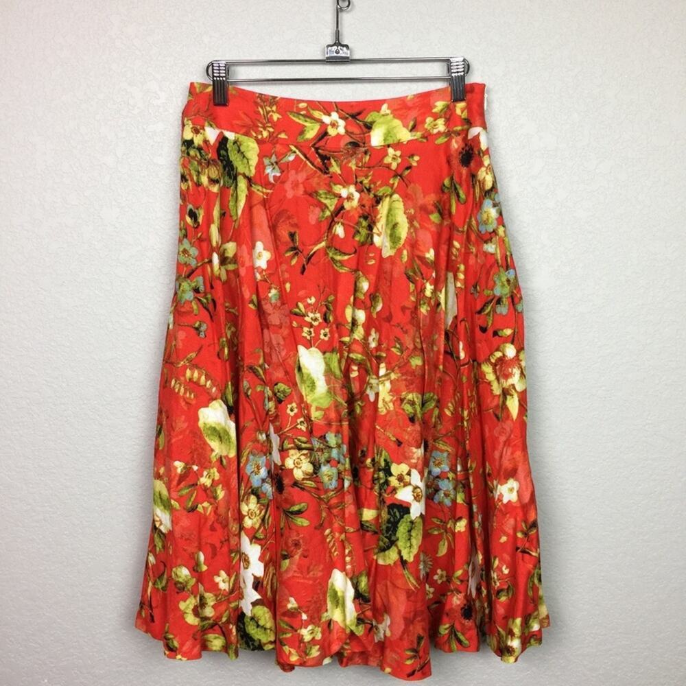 PREMISE Bright Orange Floral Midi Skirt Size 4